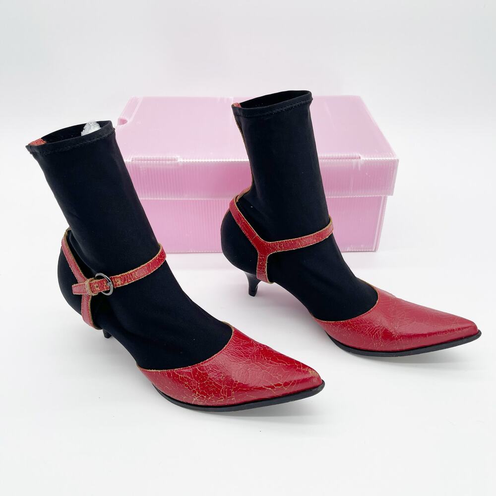 Miu Miu FW 2001 Red Crackled Leather Mary Jane Kitten Heel Sock Boots IT 37